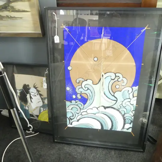 2 JAPANESE FRAMED HAND PAINTED KITES H610 L400MM & H340 L240MM