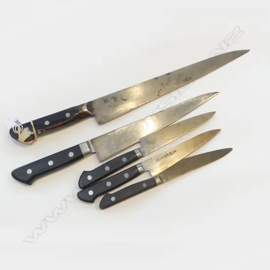 5 VINTAGE JAPANESE QUALITY STEEL CHEFS KNIFES 4 with signed blades longest 425mm