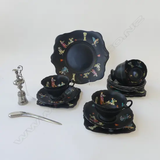 15 PCE BLACK ATLAS CHINA TEA SET + 2 SILVER METAL AMERICAS CUP PCES