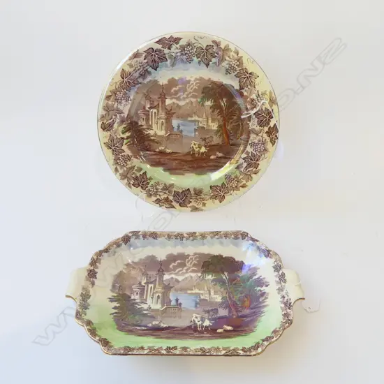 2PCS MALING GREEN LUSTER CHINA PCS RACK PLATE & 2 HANDLED PLATE  L240MM