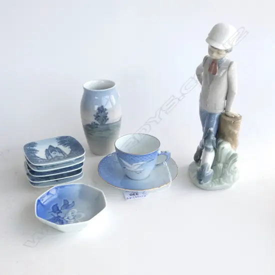B&G CHINA; 6 DISHES 80mm dia, C/S, VASE H.120mm & NAO BOY w. DOG H.225mm
