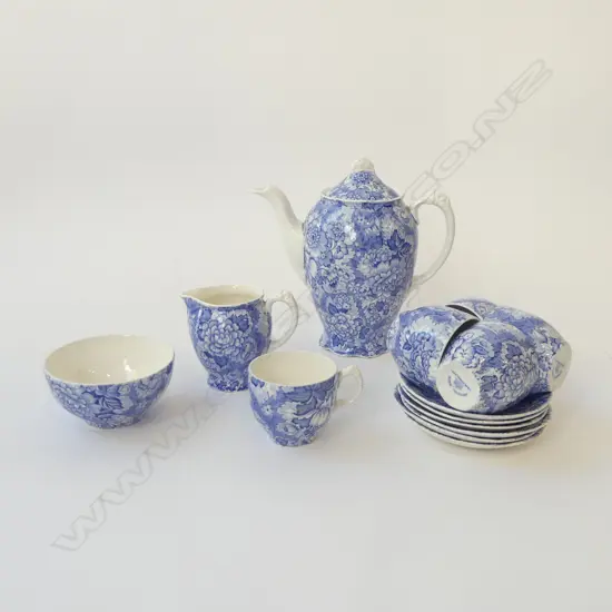 IMPERIAL WARE B/WHITE FLORAL COFFEE SET POT H200 C/SUGAR & 5 C/S