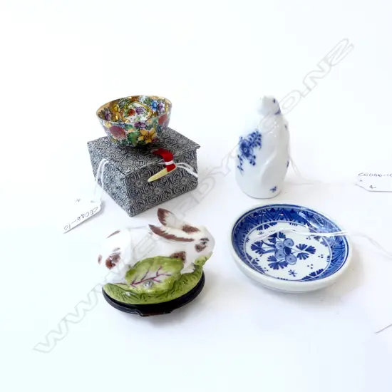 4  SML PORCELAIN PCS; V&A RABBIT, B/W PENGUIN DENMARK, MINI CHINESE BOWL & DELFT PIN DISH