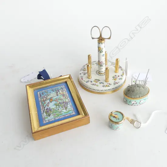 4 PCS 'HALCYON DAYS' ENAMEL/PORCELAIN, SISSOR /BOBBIN SET,  PIN CUSHION, MINIATURE TAPE MEASURE & FRAMED 'KINGFISHER'