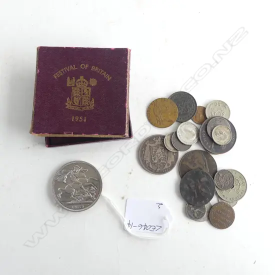 ASST. 18thC, 19thC & 20thC COINS & TOKENS & 1951 GEORGE VI FESTIVAL of BRITAIN CROWN in ORIGINAL BOX