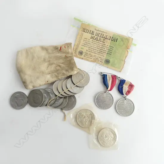 PR 1937 CORONATION KING GEORGE VI w RIBBONS, PR 700 SILVER MEXICAN 1968 OLYMPIC, 12 CHURCHILL COINS & Reichmark banknote