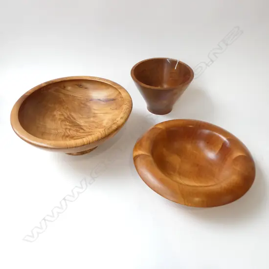 3 TURNED WOODEN BOWLS; 2 KAURI, 1 TOTARA 245mm dia