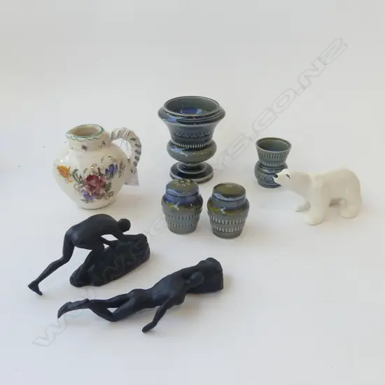 WADE PORCELAIN + SLYVAC POLAR BEAR + GERMAN POTTERY JUG + FIGURES