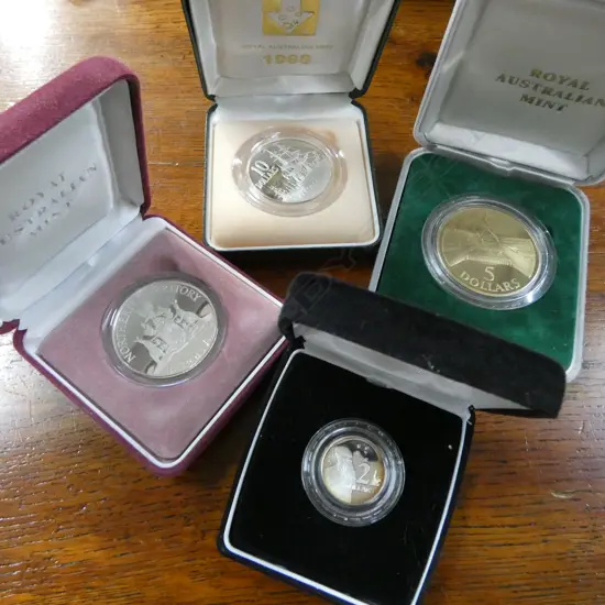 AUSTRALIAN PROOF COINS: $5 1988. 1992 $10 SILVER. $10 1988 Port Jackson. $2 1988