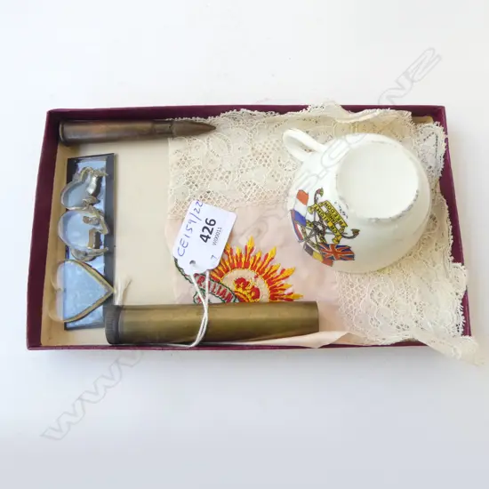 WWI MILITARY SILK HANKY, BRASS OILER (ARROW STAMP), BULLET, ALLIES CUP, KIWIS & HEART