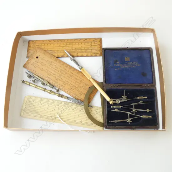 ANTIQUE IVORY & WOODEN SCALE RULES, BRASS PROTRACTOR, DRAWING INSTRUMENTS 