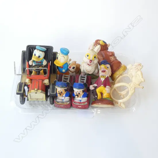 10 VINTAGE MICKEY MOUSE & DONALD DUCK ETC CARS, NAPKIN RINGS, & FIGURES 