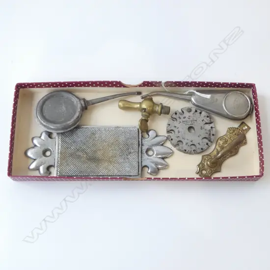 VESTA OILER & OTHER, MARPLES WIRE GAUGE, MATCH STRIKER, BRASS TAP & HOOK