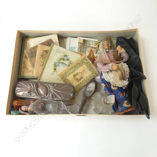 PERFUME BOTTLE, BOOKS, FRENCH DOLL, LEATHER GLOVES, CLOTHES BRUSH ETC