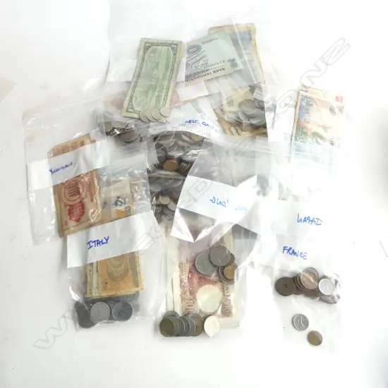 COLLECTION OF ASST. WORLD COINS & BANK NOTES; Incl SPAIN, FRANCE, ITALY, IRAN, etc