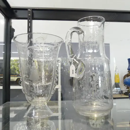 2 PCS VICT ACID ETCHED GLASS JUG H305MM & VASE H240MM