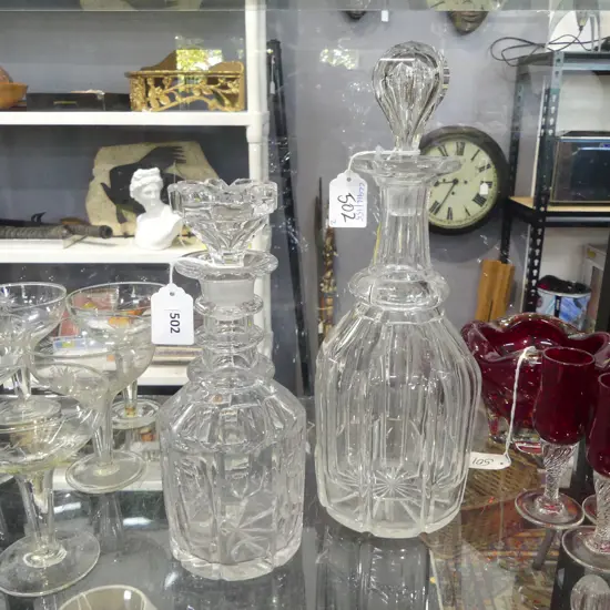 2 GEORGIAN CUT GLASS DECANTERS H300 & 230MM