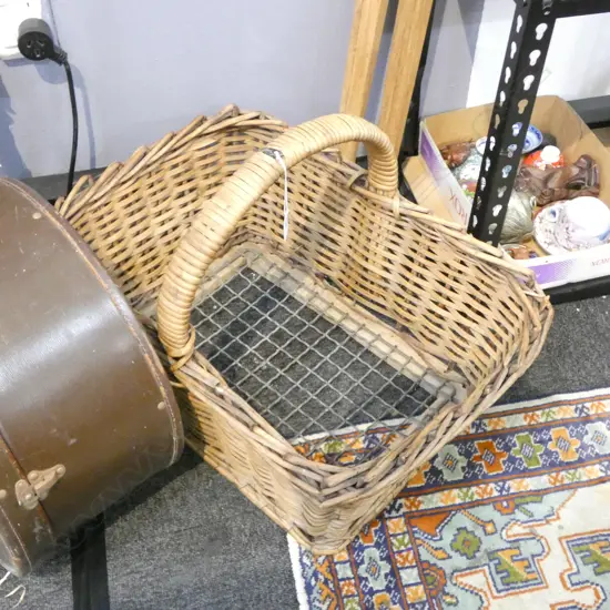 EARLY 20thC WOVEN CANE BASKET w WIRE MESH BASE L.570mm