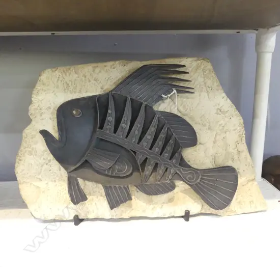 CAST METAL FISH ON STONE BACKGROUND on STAND W.470 H.340mm