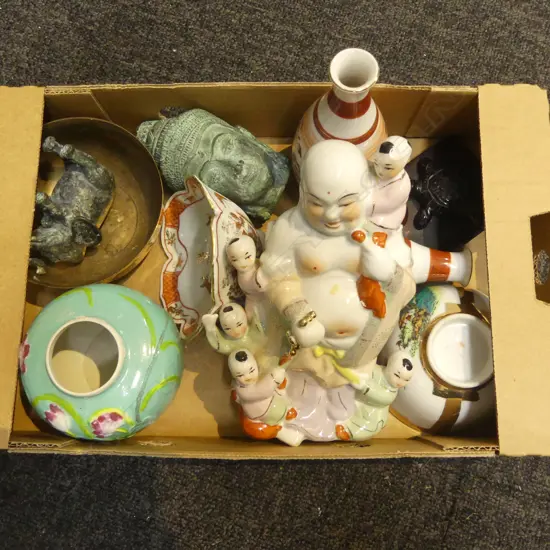 TRAY OF 10 SMALL ORIENTAL COLLECTABLES BRONZE CHINA FIG H210 ETC