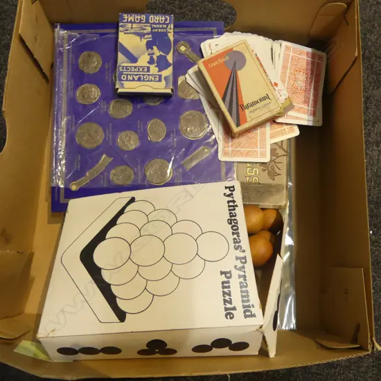 2 VINTAGE CARD GAMES, PYRAMID PUZZLE, ANCIENT COIN REPLICAS, 2 PRINTS & VINTAGE BOOK