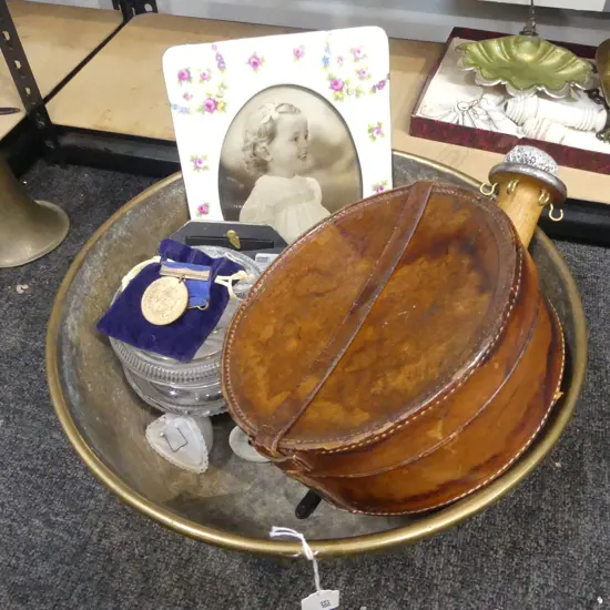 BRASS PAN 370mm dia, ZOOM TELESCOPE, CAMERA, LEATHER COLLARS BOX ETC