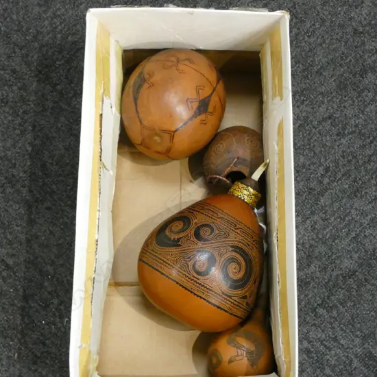 4 VINTAGE TRIBAL ETCHED PAINTED GOURDS LARGEST 180MM