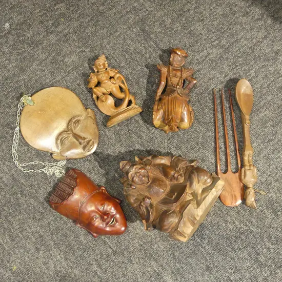 COLLECTION OF 7 VINTAGE WOOD CARVED PCS H160MM TALLEST