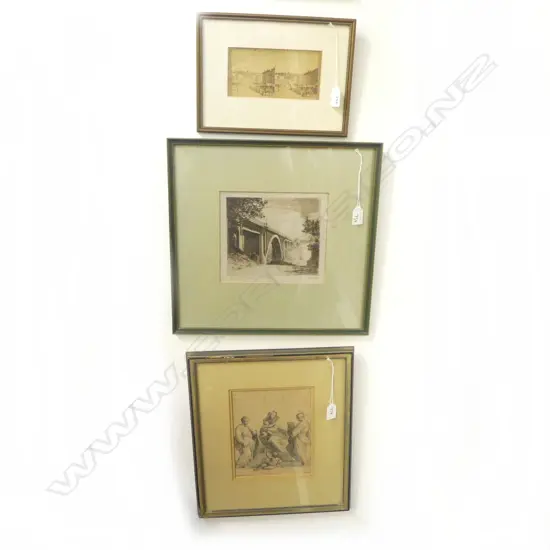 BURTON BROS AUCKLAND PHOTO 85x170mm + 2 ETCHINGS; M. MATTHEWS (1889-1945) GRAFTON BRIDGE 155x180mm, RELIGIOUS 215x165mm