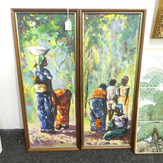 PR OIL PAINTINGS 1966 by Philippe Samba b.1931. women figure studies in colourful bush setting 580 x 210mm