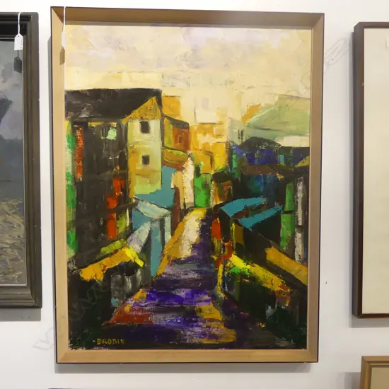 TRIX BRODIE, CITYSCAPE OIL ON BOARD, 790x590mm