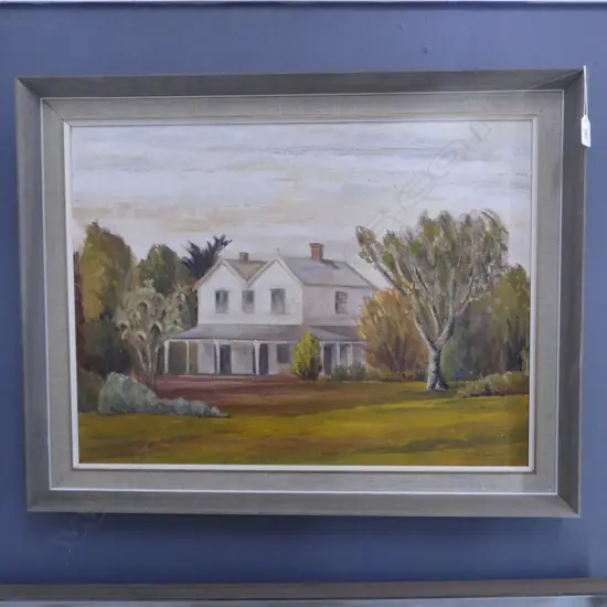 JUNE SHIEFF, HOUSE IN GARDEN, OIL ON BOARD 1973 450x600mm