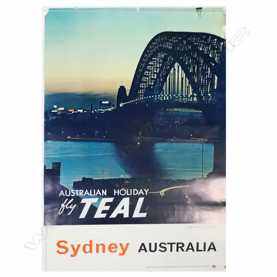 VINTAGE POSTER 'AUSTRALIAN HOLIDAY fly TEAL. Sydney Harbour Bridge' NSW Tourist Dept. 950 x 610mm c.1960's ?