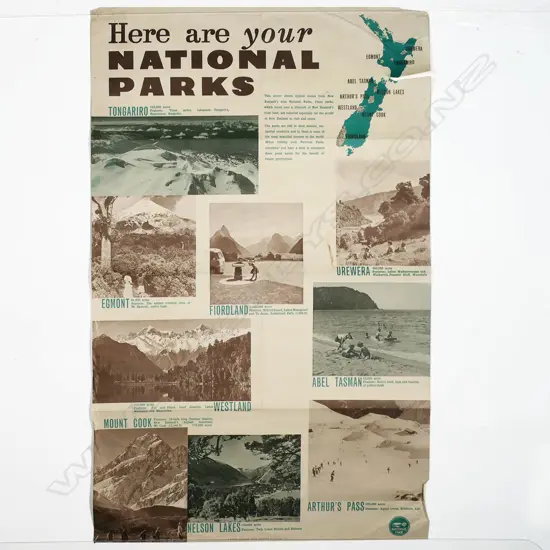VINTAGE POSTER 'Here are your NATIONAL PARKS...' BY R.E. Owen Government Printer Wellington NZ 1962. 950 x 600mm