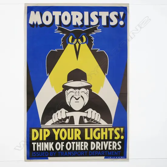 VINTAGE POSTER 'MOTORISTS! DIP YOUR LIGHTS! THINK OF OTHER DRIVERS Issued by Transport Department' BY D. Carr 750 x 490m