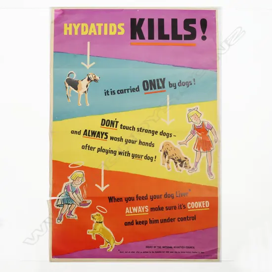 VINTAGE POSTER 'HYDATIDS KILLS' 'Issued by the National Hydatids Council' 'Printed by C.M. Banks Ltd' 750 x 500mm