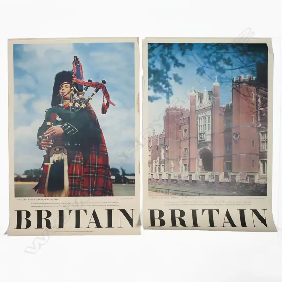 2 BRITISH VINTAGE TRAVEL POSTERS: 'BRITAIN Hampton Court Palace' + 'BRITIAN Scotland piper' 760 x 510mm