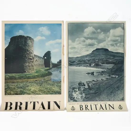 2 BRITISH VINTAGE TRAVEL POSTERS: 'BRITAIN England Pevensey Castle + 'BRITIAN Northern Ireland' 760 x 510mm