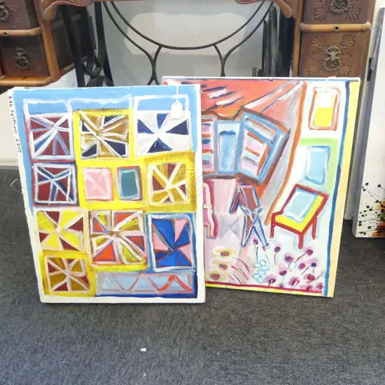 LEE FELTHAM, "I WANT A LIFE" & "QUILT", ACRYLIC ON CANVAS x 2, SIGNED 2017 & 2016, 400 X 500MM provenance below
