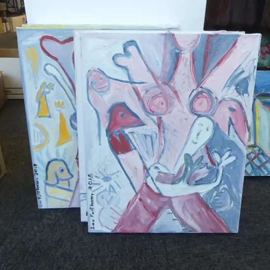 LEE FELTHAM, NUDES, ACRYLIC ON CANVAS x 5, SIGNED 2018, 400 X 500 MM, provenance below