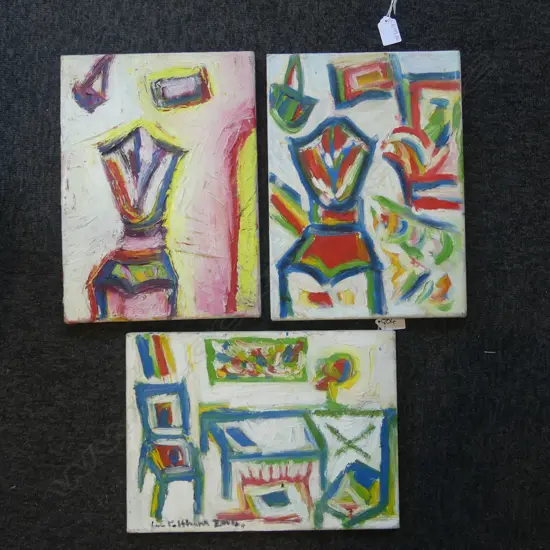 LEE FELTHAM, INTERIOR, ACRYLIC ON CANVAS x 3, SIGNED 2006, 240 X 330MM provenance below