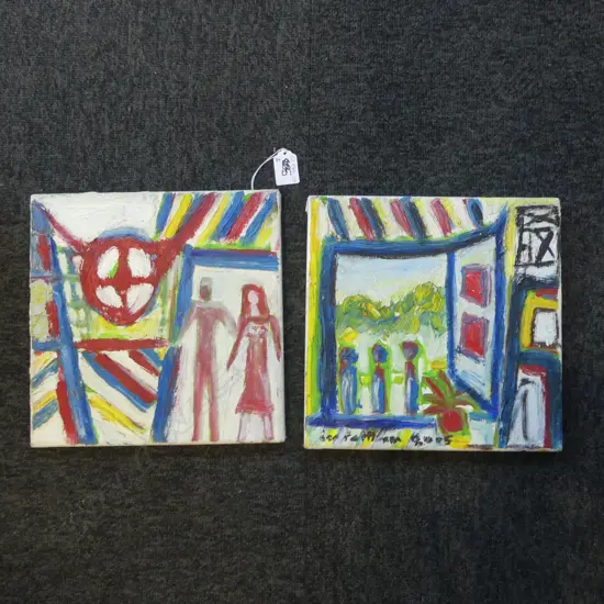 LEE FELTHAM, PEOPLE, ACRYLIC ON CANVAS x 2, SIGNED 2005, 250 X 250MM provenance below