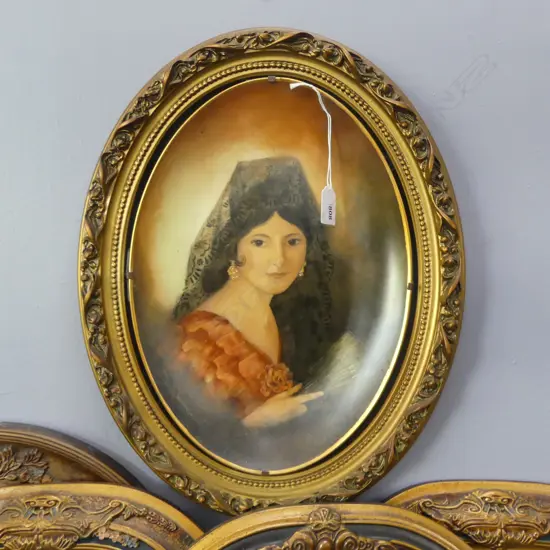 2 ARTWORKS; FRAMED HAND PAINTED OVAL PLATE, FLORAL PRINT frame w. old borer