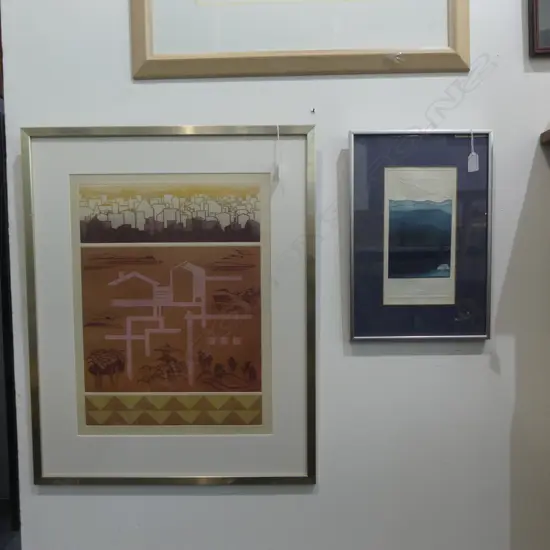 TWO SHIRLEY MARKHAM FRAMED ETCHINGS; 'CITY SERIES 1' 12/50, H.500 x 350mm & 'WOOLSHED' 5/20, H.125 x 245mm