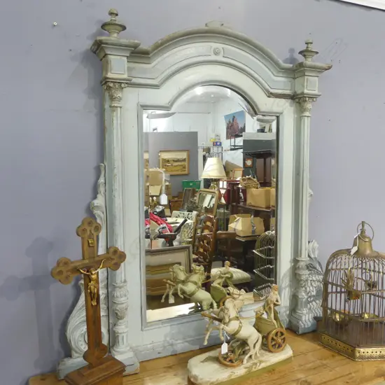 ANTIQUE FRENCH MIRROR, BLUE PAINTED CARVED WOODEN FRAME 1230x1200mm