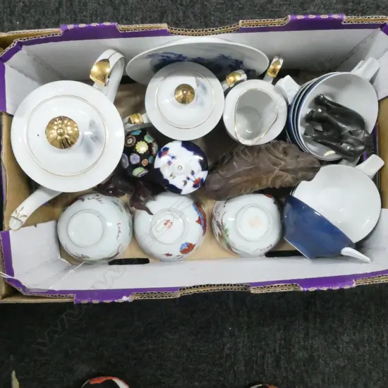 COLLECTION 21PCS ORIENTAL CHINA 3PC TEASET BOWLS CARVED WOOD ETC