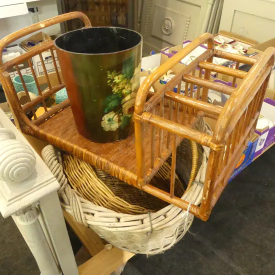 4 PCES; 2 WOVEN BASKETS, PAPER BIN, CANED SIDE TABLE W.615mm