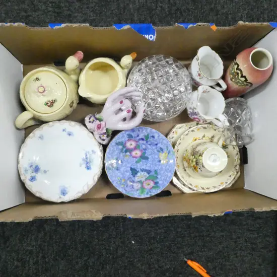 BOX OF FLORAL CHINA LIDDED CRYSTAL BOWL DIA140MM HAND ORN ETC