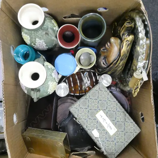 ASTT. Incl. 2 BOURN-VITA MUGS, 2 JAPANESE VASES, ASST. WOODEN STANDS, etc