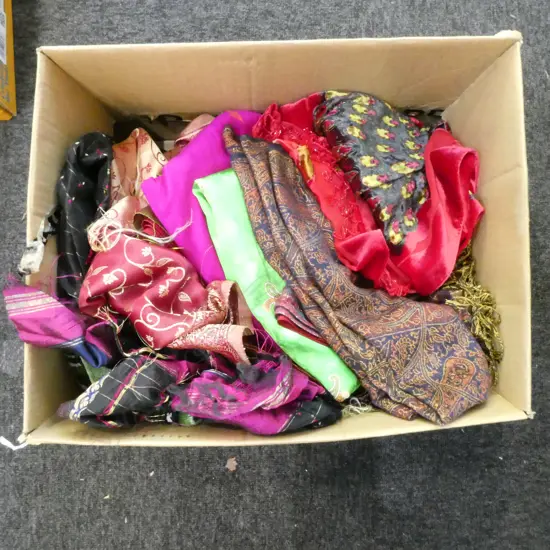 ASST. SCARVES, SARI, PASHMINA, GREEN MACHINED PRAYER MAT ETC